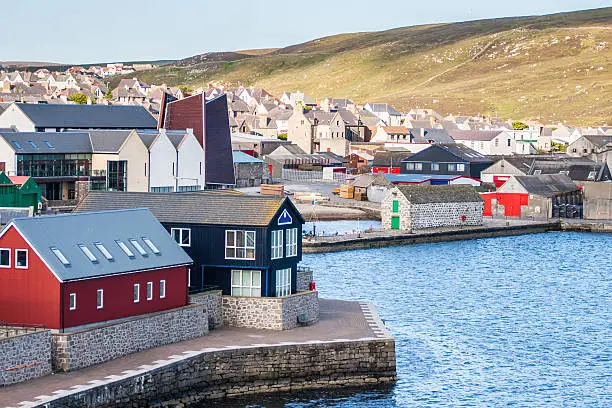 Lerwick town center under blue sky, Lerwick, Shetland, Scotland, United Kingdom