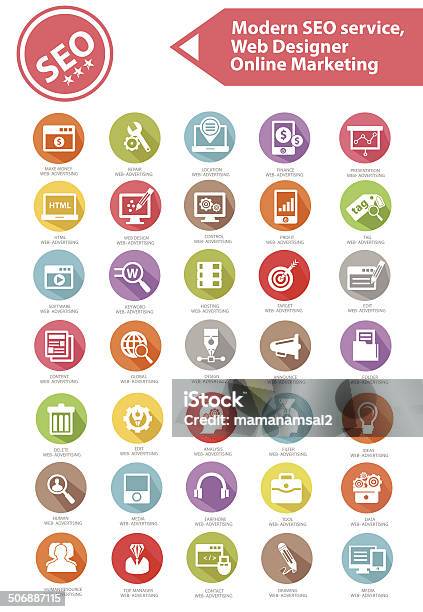 Modern Seo Service Web Designer And Online Marketing Icon Set Stock Illustration - Download Image Now