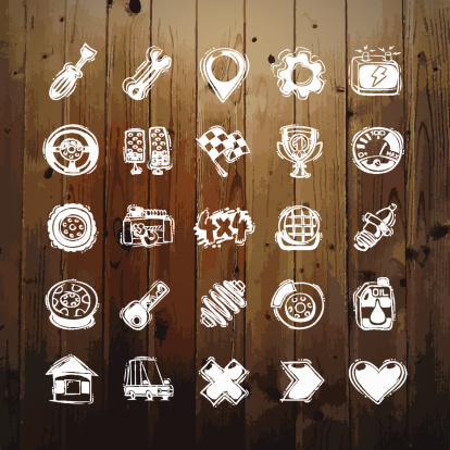 Icons Set of Car Symbols on Wood Texture. In the EPS file, each element is grouped separately. Clipping paths included in additional jpg format.
