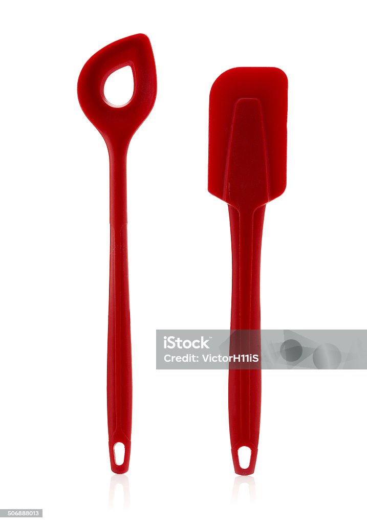 Red silicon kitchen spatula and ladle Red silicon kitchen spatula and ladle isolated on white Background Equipment Stock Photo