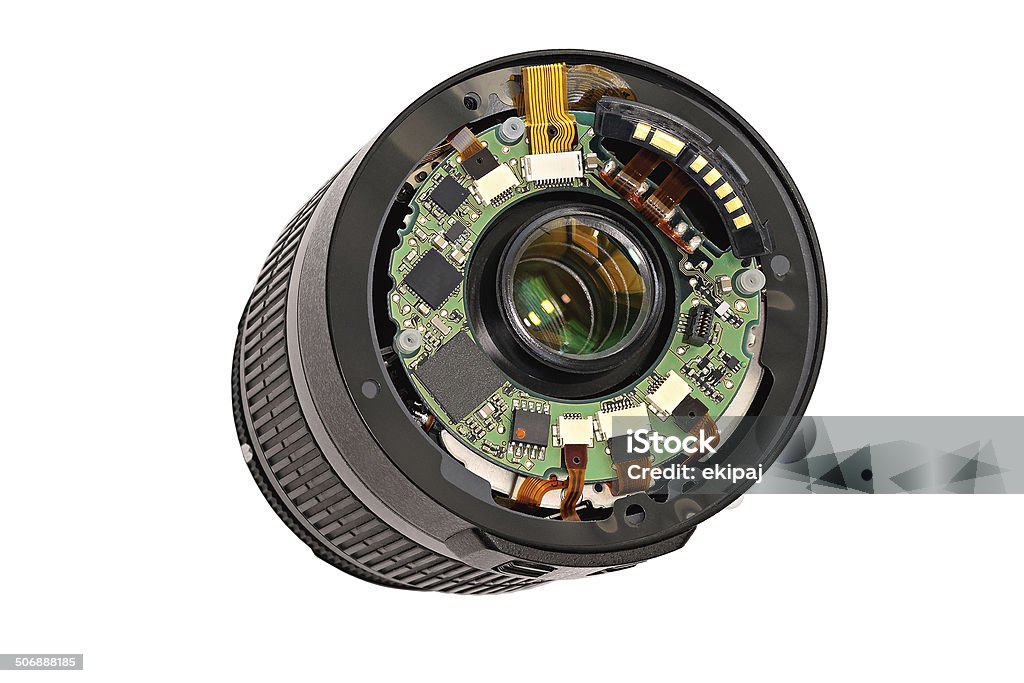 Disassembled lens. Replacement lens in polurazobrannom condition. Isolated on white background. Accuracy Stock Photo