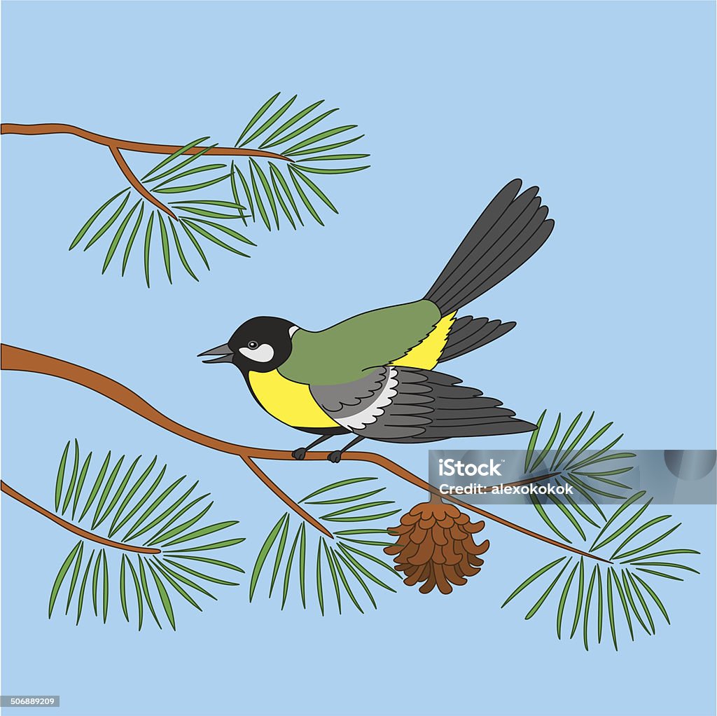 Titmouse on pine branch Bird titmouse sitting on pine branch against blue sky. Vector Animal stock vector