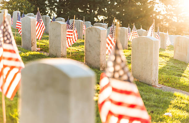 scene of military graveyard landscape with a flag on autumn. scene of military graveyard landscape with a flag on autumn.. national cemetery stock pictures, royalty-free photos & images