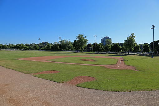 A wide-angle shot of an unoccupied baseball field.