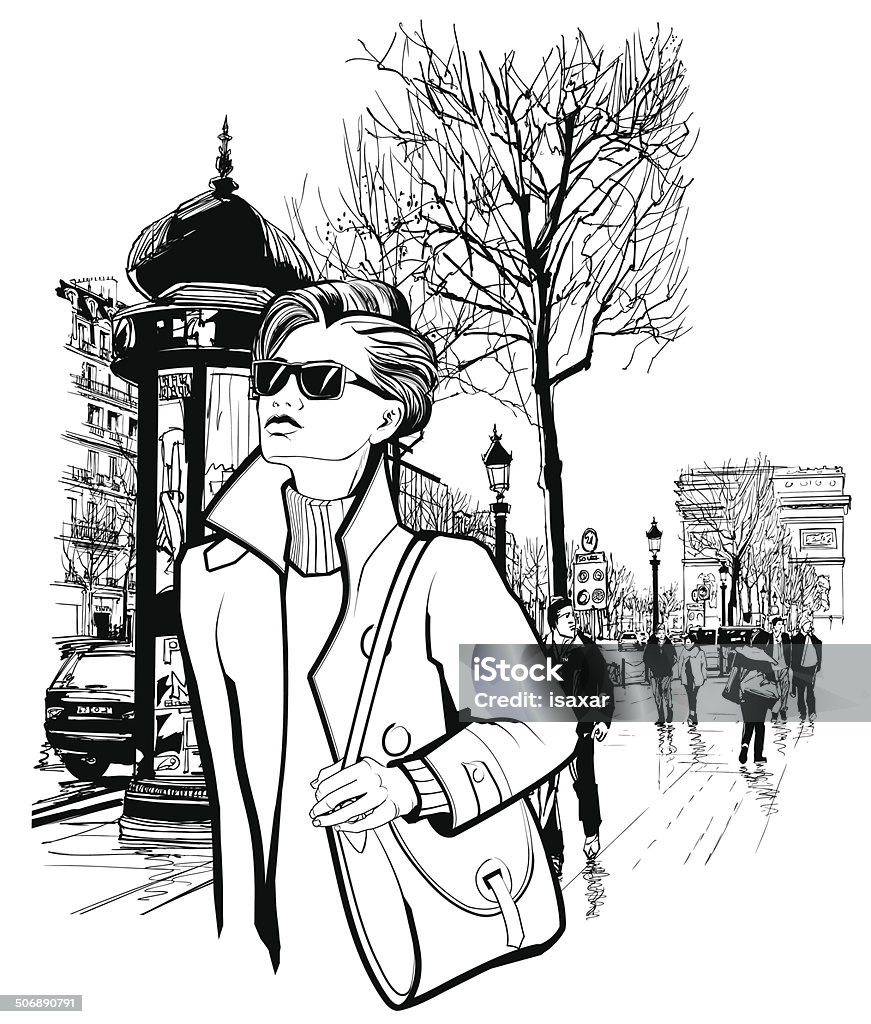 Woman walking in Champs-Elysees avenue in Paris Woman walking in Champs-Elysees avenue in Paris - Vector illustration Avenue des Champs-Elysees stock vector