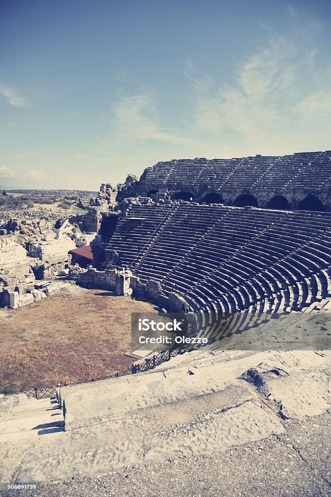 ancient ruins in Side, Turkey, instagram effect ancient ruins in Side, Turkey Amphitheater Stock Photo
