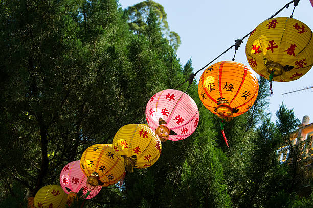 istock Line many-coloured chinese paper lanterns against tree, horizontal 506897760