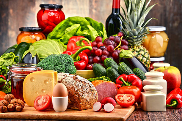 istock Organic food including vegetables fruit bread dairy and meat 506902380