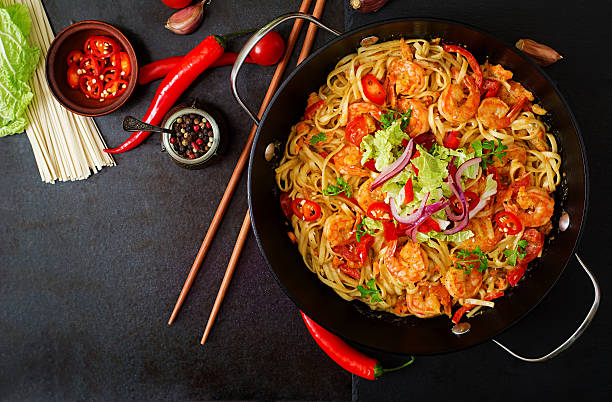 istock Udon pasta with shrimp, tomatoes and paprika. Top view 506903054