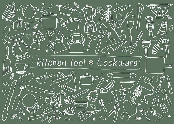 kitchentool_blackboard set of kitchen tools mixing bowl icon stock illustrations