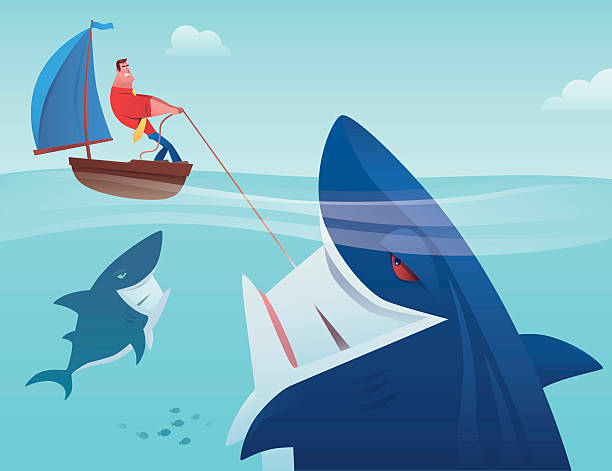 man with shark vector illustration of businessman pulling great white shark… two men hunting stock illustrations