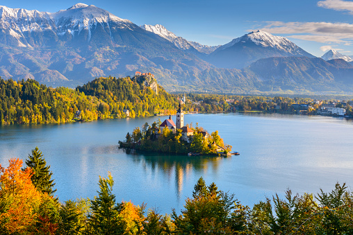 Panoramic view of Lake Bled from Mt. Osojnica, Slovenia