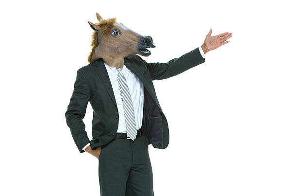 donna d'affari in costume da cavallo e consegna - horse men animal head bizarre foto e immagini stock