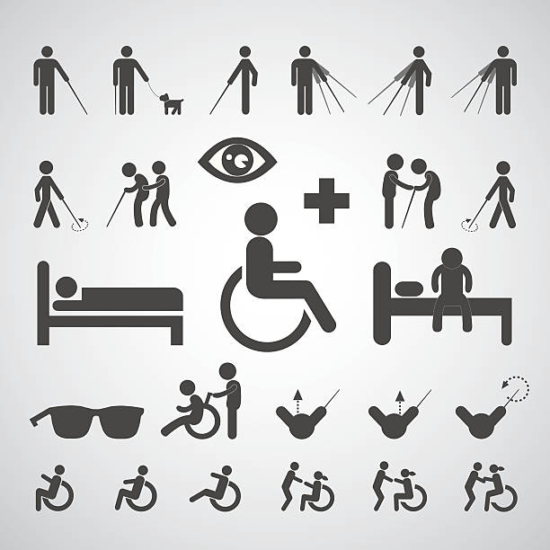 ilustrações de stock, clip art, desenhos animados e ícones de posto de doentes com deficiência e a símbolo - dependency assistance help advice