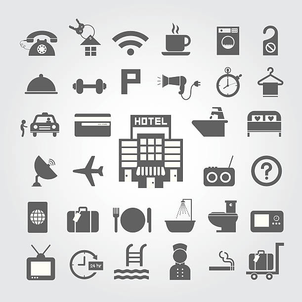 ilustrações de stock, clip art, desenhos animados e ícones de hotel e conjunto de ícones de viagens - computer icon icon set hotel symbol