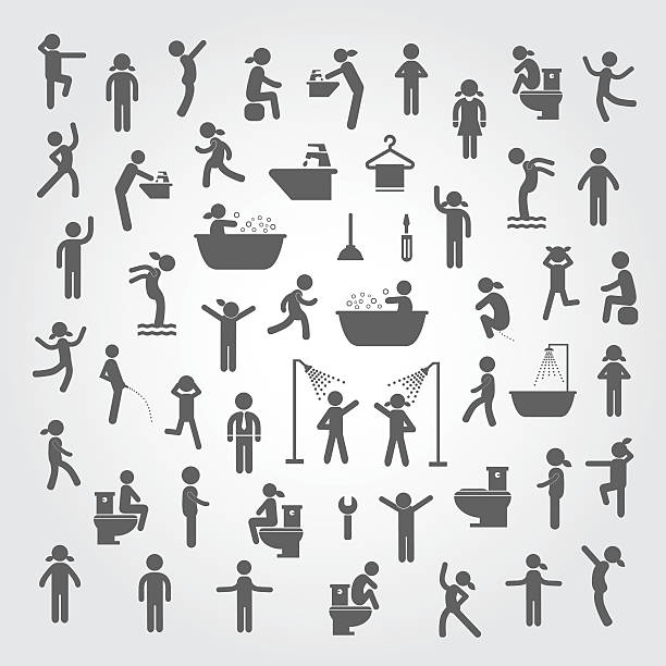 action people and  hygiene icons set action people and  hygiene icons set on gray background male animal stock illustrations