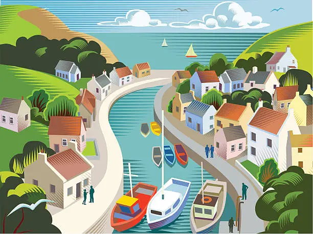 Vector illustration of Coastal town or village