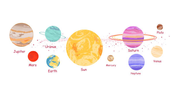 Solar System Icon Flat Design Style Solar system icon flat design style. Earth planet, space and sun, science astronomy, galaxy and saturn, jupiter and venus, mars and mercury, uranus and neptune illustration. Solar system concept venus planet stock illustrations
