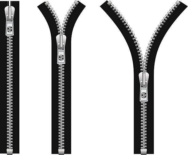 Zipper Illustration of a zipper in a closed position and two open positions. zipper-teeth stock illustrations