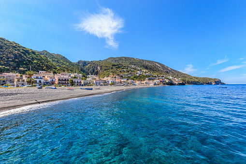 Canneto is a seaside resort overlooking a beautiful long pebble beach on the island of Lipari. Aeolian Islands, Sicily, Italy
