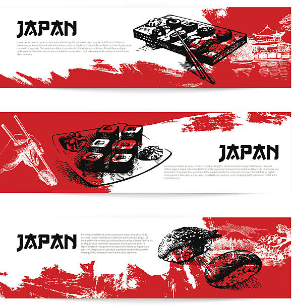 satz von japanische sushi-banner - sushi japanese culture food domestic kitchen stock-grafiken, -clipart, -cartoons und -symbole