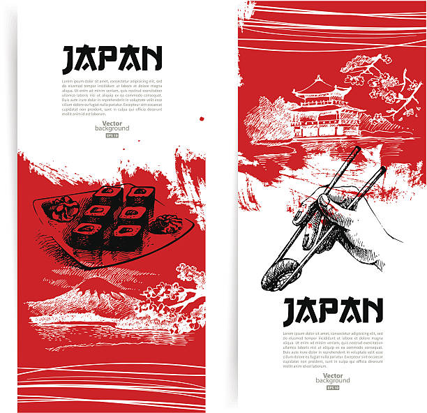 ilustraciones, imágenes clip art, dibujos animados e iconos de stock de conjunto de banners de sushi japonés - sushi restaurant fish japanese culture