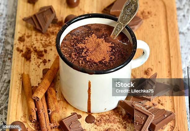 Hot Chocolate In An Enamel Mug Stock Photo - Download Image Now - Chocolate, Ground - Culinary, Hazelnut