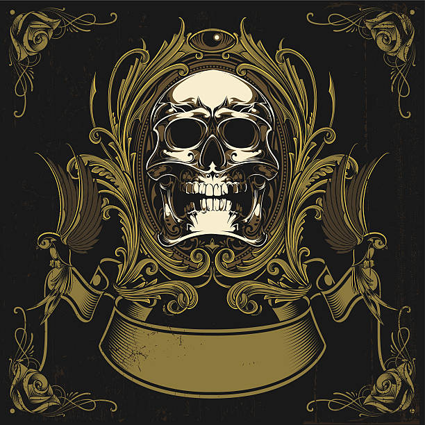 Vintage skull Skull with banner. tattoo borders stock illustrations
