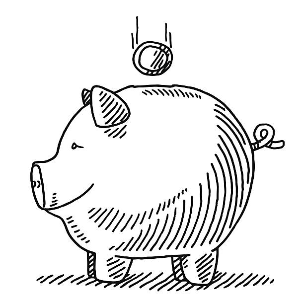 Finance Piggy Bank Falling Coin Drawing Hand-drawn vector drawing of a Piggy Bank and a Falling Coin, Private Savings Concept. Black-and-White sketch on a transparent background (.eps-file). Included files are EPS (v10) and Hi-Res JPG. budget drawings stock illustrations