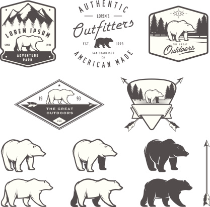 Set of vintage bear icons, emblems and labels.