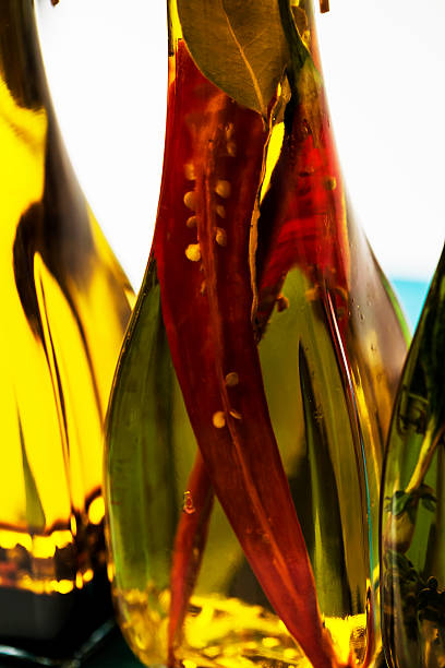 Bottled spicy olive oil with chili and herbs