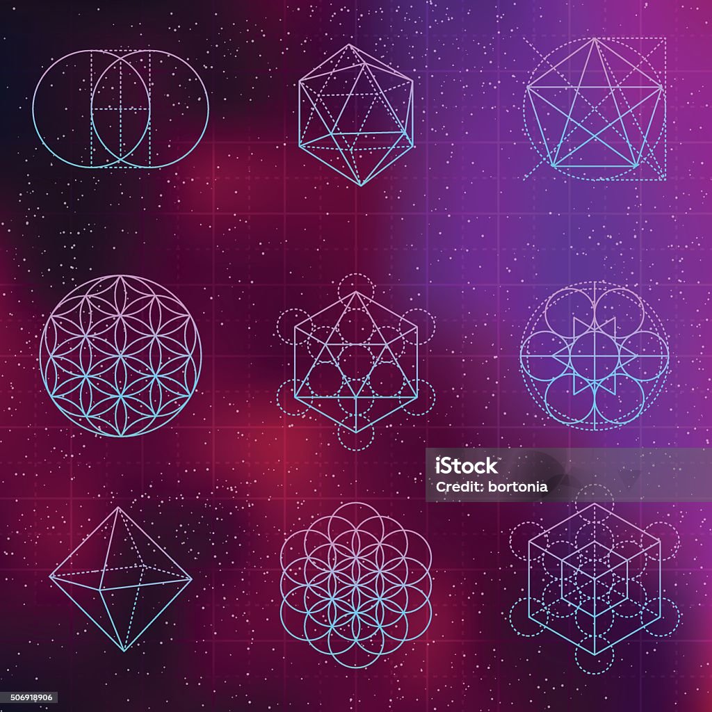 Set of Sacred Geometry Icons A set of sacred geometric icons. Sacred geometry is the belief that certain shapes prove that God created the universe according to a geometric plan. Download includes an AI10 vector EPS file as well as a high resolution JPEG (3,000 pixels in size). Aura stock vector