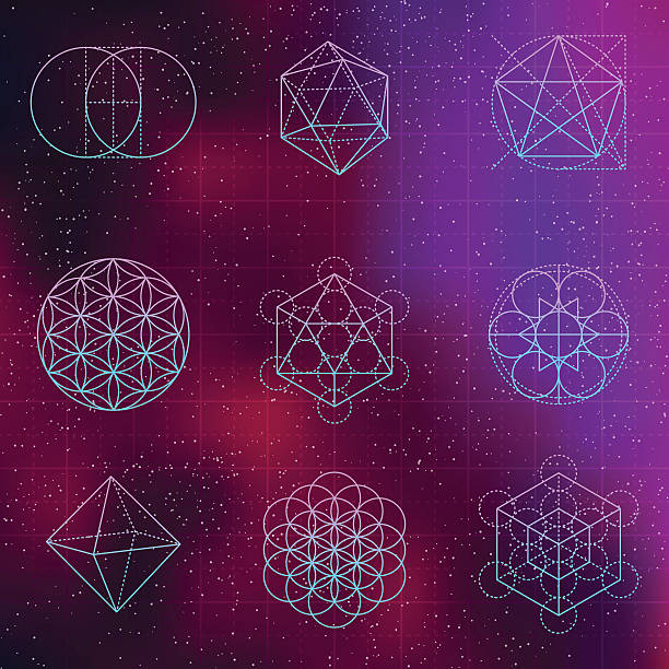 Set of Sacred Geometry Icons A set of sacred geometric icons. Sacred geometry is the belief that certain shapes prove that God created the universe according to a geometric plan. Download includes an AI10 vector EPS file as well as a high resolution JPEG (3,000 pixels in size). galaxy diagram stock illustrations
