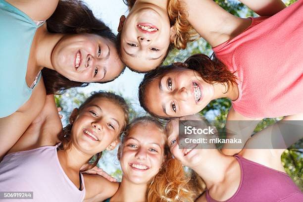 Cheerful Teenage Girls Stock Photo - Download Image Now - Girls, Group Of People, Nature