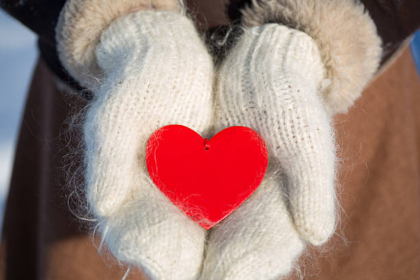 Valentines card on mittens Woman hands in white mittens holding red Valentines card formal glove stock pictures, royalty-free photos & images