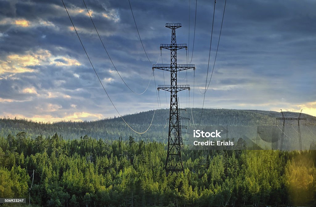 Electricity pylons cutting through forest Electric power lines deep in the forest. Heavy rain clouds and mountains on the background. Power Cable Stock Photo