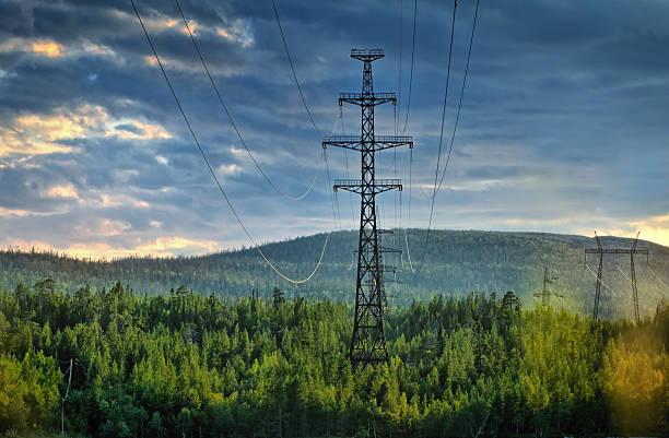 Electricity pylons cutting through forest Electric power lines deep in the forest. Heavy rain clouds and mountains on the background. telephone line stock pictures, royalty-free photos & images