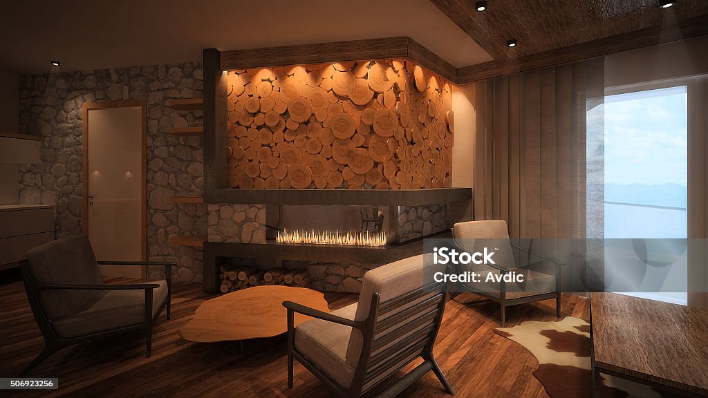 3d rendered image of a mountain apartment interior 3d rendered image of mountain apartment living room interior with armchairs in front of fireplace and wooden wall Log Cabin Stock Photo