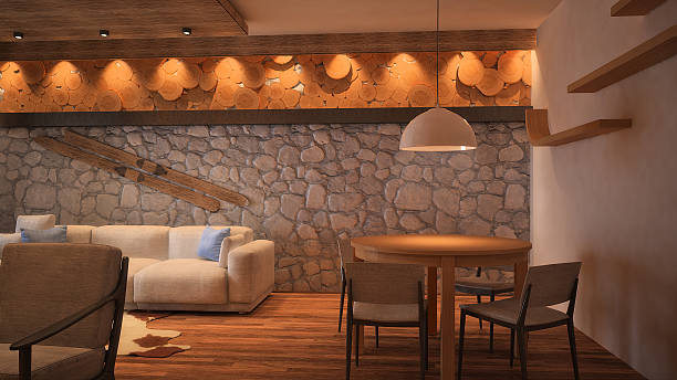 istock 3d rendered image of a mountain dinning room apartment interior 506923272