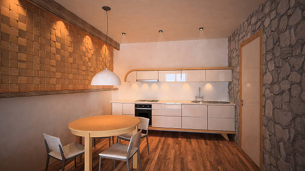 istock 3d rendered image of mouintain apartment kitchen with dining room 506923466