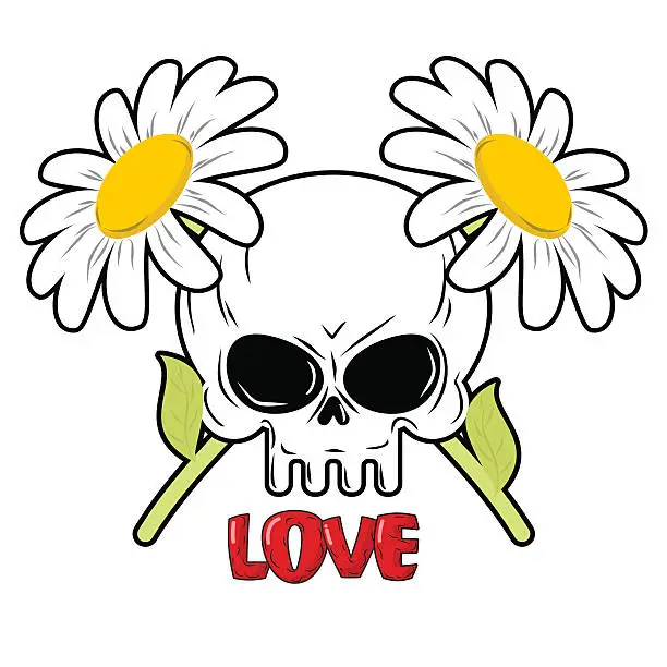 Vector illustration of Skull and flowers. Daisies and head of skeleton.