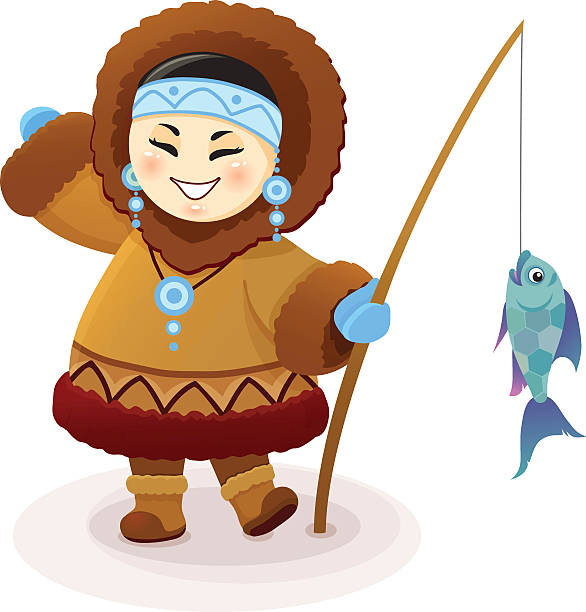 Vector cartoon illustration of funny Eskimo fishing girl Art cartoon illustration of funny Eskimo fishing girl. Vector clipart isolated on white. chukchi stock illustrations