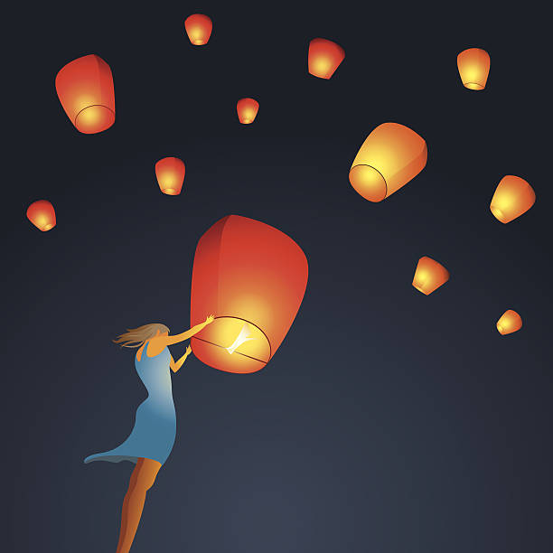 ilustrações, clipart, desenhos animados e ícones de mulher comece um céu vermelho chinês lanterna para o céu - lantern wishing sky night