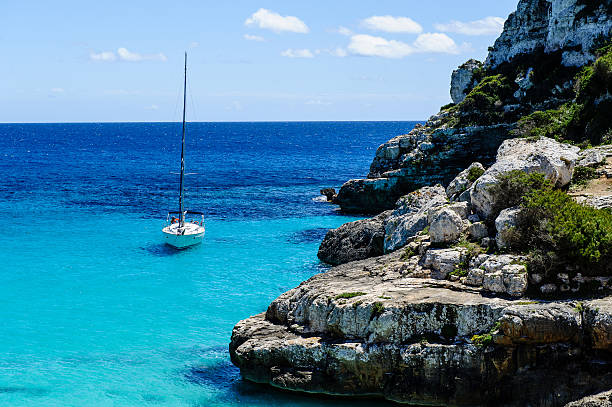 istock Sailing boat at anchor. Paradise wild bay. Cala Marmolis. 506934743