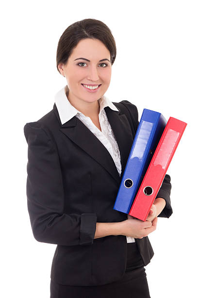 businesswoman in black suit with colorful folders stock photo