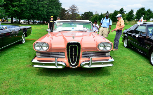 Pittsburgh, USA - July 20, 2014   Pink, classic Edsel on display at the Pittsburgh Vintage Grand Prix in Schenley Park.   The Pittsburgh Vintage Grand Prix is held every July.