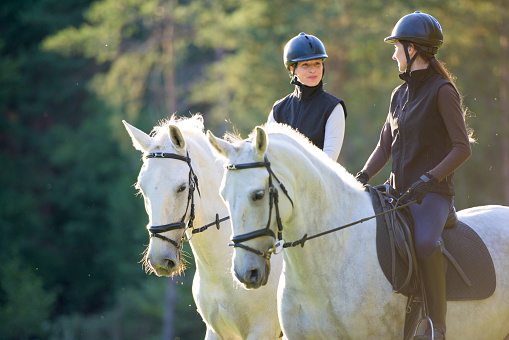 Two female horse riders looking at each other and smiling.
