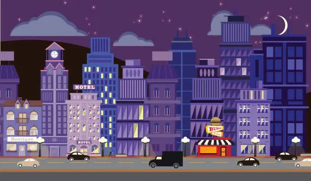 Vector illustration of Nightlife Metropolitan Cityscape with Stars