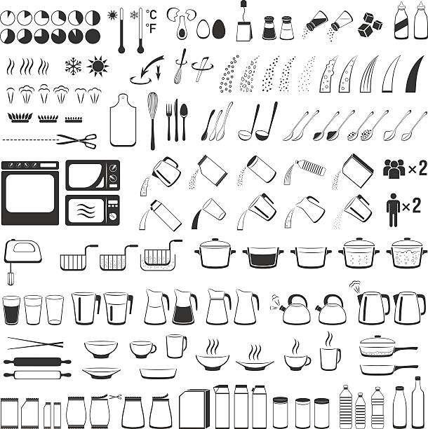 illustrations, cliparts, dessins animés et icônes de cuisiner les panneaux pour manuels sur l'emballage. cuisson instruction icônes - pouring jug water liquid