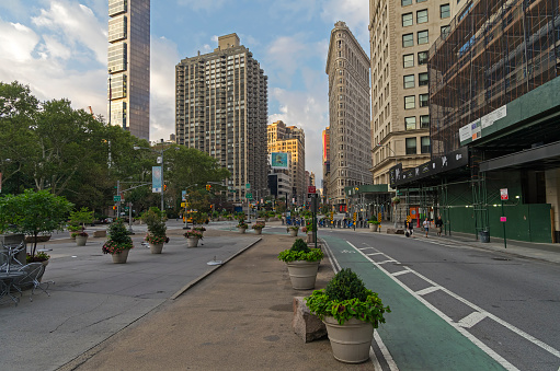 New York City, USA - August 23, 2015: The intersection of Broadway and Fifth Avenue, the early morning. Manhattan, New York City.